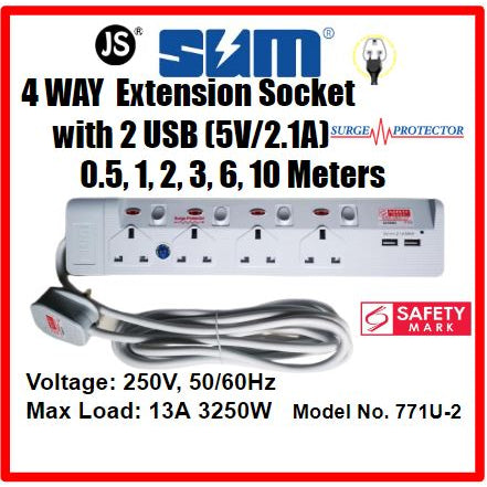 Image of SUM 4 Way Extension Socket with 2 USB, Surge Protector with Safety Mark (0.5, 1, 2, 3 , 6, 10 meters)