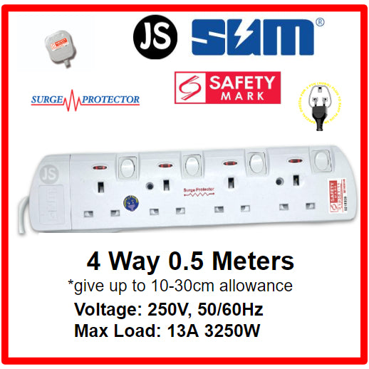 SUM 2/3/4/5/6 WAY Extension Socket (0.5, 1, 2, 3, 6, 10 Meters) with Surge Protector & Safety Mark