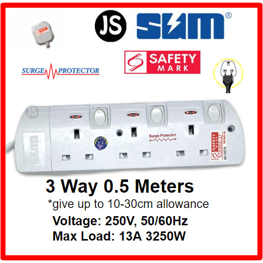 SUM 2/3/4/5/6 WAY Extension Socket (0.5, 1, 2, 3, 6, 10 Meters) with Surge Protector & Safety Mark