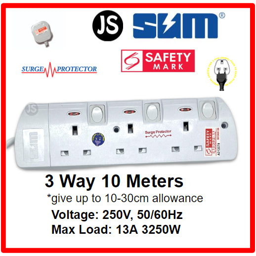 SUM 2/3/4/5/6 WAY Extension Socket (0.5, 1, 2, 3, 6, 10 Meters) with Surge Protector & Safety Mark