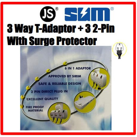Image of 6 in 1 T-Adaptor (3 Way Socket + 3 x EU 2 Pin Outlet)  Surge Protector (Europe 2 Pin Friendly)