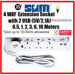 SUM 4 Way Extension Socket with 2 USB, Surge Protector with Safety Mark (0.5, 1, 2, 3 , 6, 10 meters)