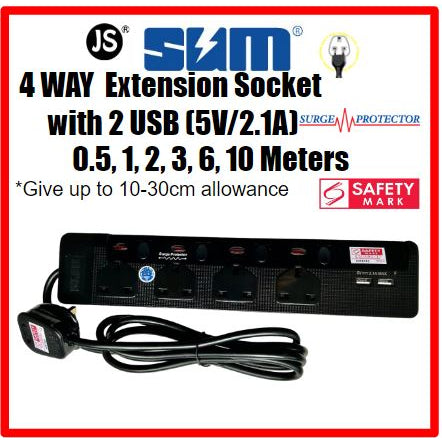 SUM Black 4 Way Extension Socket with 2 USB, Surge Protector with Safety Mark (0.5, 1, 2, 3 , 6, 10 meters)