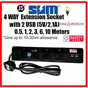 SUM Black 4 Way Extension Socket with 2 USB, Surge Protector with Safety Mark (0.5, 1, 2, 3 , 6, 10 meters)