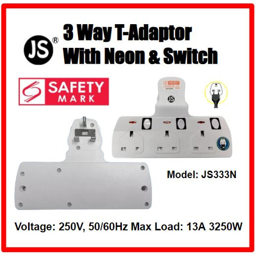 3 Way T Adaptor with Neon and Switch & Singapore Safety Mark