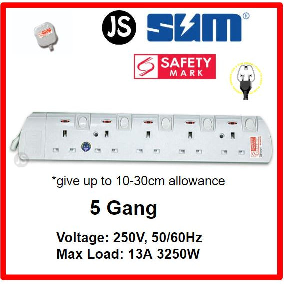 2/3/4/5/6 Gang Extension Socket with Singapore Safety Mark (0.5, 1, 2, 3, 6 & 10 Meters)