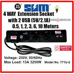 SUM Black 4 Way Extension Socket with 2 USB, Surge Protector with Safety Mark (0.5, 1, 2, 3 , 6, 10 meters)