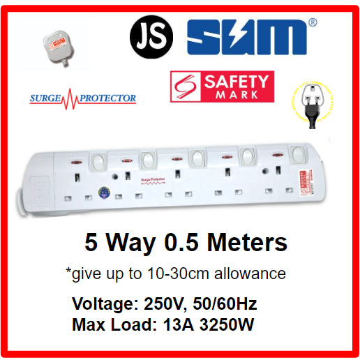 SUM 2/3/4/5/6 WAY Extension Socket (0.5, 1, 2, 3, 6, 10 Meters) with Surge Protector & Safety Mark