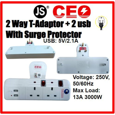 Image of 2/3/4 Way Gang T Adaptor Multiple Wall Extension Socket Plug with USB & Surge Protector (Europe 2 Pin Friendly)