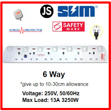 SUM 2/3/4/5/6 WAY Extension Socket (0.5, 1, 2, 3, 6, 10 Meters) with Surge Protector & Safety Mark