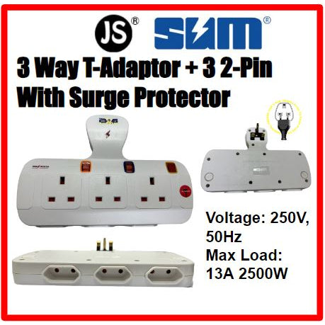 6 in 1 T-Adaptor (3 Way Socket + 3 x EU 2 Pin Outlet)  Surge Protector (Europe 2 Pin Friendly)