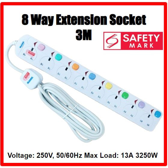 8 Way Extension Socket with Singapore Safety Mark (3 Meter)