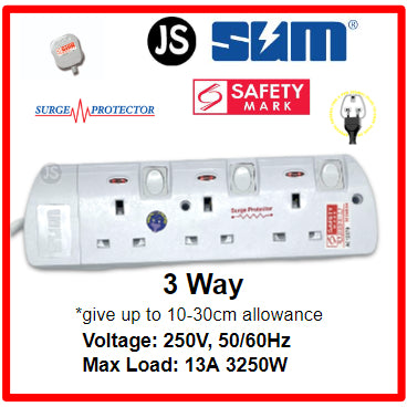 SUM 2/3/4/5/6 WAY Extension Socket (0.5, 1, 2, 3, 6, 10 Meters) with Surge Protector & Safety Mark