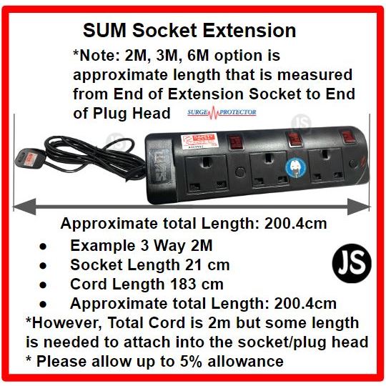 SUM 2/3/4/5 WAY Surge Protector Black Safety Extension Socket (0.5, 1, 2, 3, 6, 10 Meters) Singapore Safety Mark