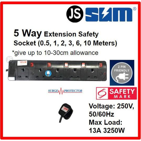 Image of SUM 2/3/4/5 WAY Surge Protector Black Safety Extension Socket (0.5, 1, 2, 3, 6, 10 Meters) Singapore Safety Mark