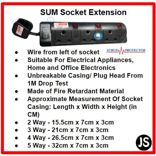 SUM 2/3/4/5 WAY Surge Protector Black Safety Extension Socket (0.5, 1, 2, 3, 6, 10 Meters) Singapore Safety Mark