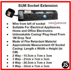 SUM 2/3/4/5 WAY Surge Protector Black Safety Extension Socket (0.5, 1, 2, 3, 6, 10 Meters) Singapore Safety Mark