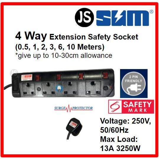 SUM 2/3/4/5 WAY Surge Protector Black Safety Extension Socket (0.5, 1, 2, 3, 6, 10 Meters) Singapore Safety Mark