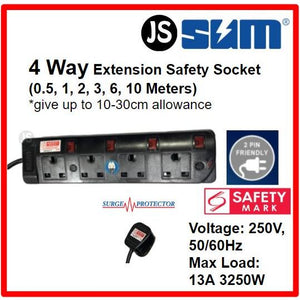 SUM 2/3/4/5 WAY Surge Protector Black Safety Extension Socket (0.5, 1, 2, 3, 6, 10 Meters) Singapore Safety Mark