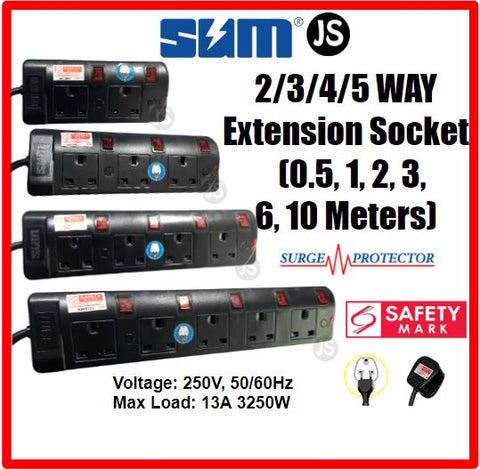 Image of SUM 2/3/4/5 WAY Surge Protector Black Safety Extension Socket (0.5, 1, 2, 3, 6, 10 Meters) Singapore Safety Mark