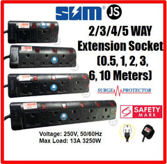 SUM 2/3/4/5 WAY Surge Protector Black Safety Extension Socket (0.5, 1, 2, 3, 6, 10 Meters) Singapore Safety Mark