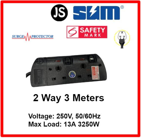 Image of SUM 2/3/4/5/6 WAY Extension Cord Socket Plug Black (0.5, 1, 2, 3, 6, 10 Meters) Safety Mark, Surge Protector & EU 2 Pin Friendly
