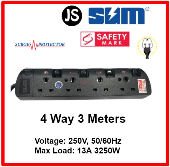 SUM 2/3/4/5/6 WAY Extension Cord Socket Plug Black (0.5, 1, 2, 3, 6, 10 Meters) Safety Mark, Surge Protector & EU 2 Pin Friendly