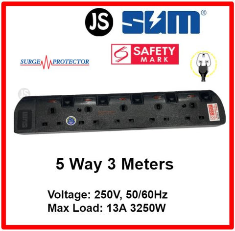 Image of SUM 2/3/4/5/6 WAY Extension Cord Socket Plug Black (2, 3, 6 Meters) Safety Mark, Surge Protector & EU 2 Pin Friendly