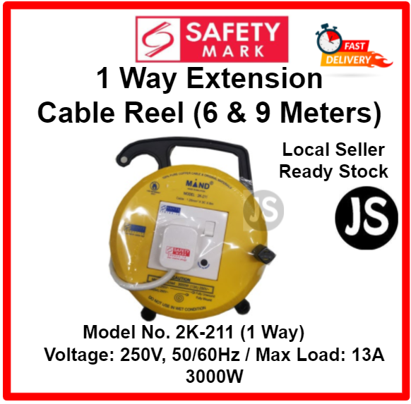 1 and 2 Way Extension Cable Reel (6 & 9 Meters) With Safety Mark