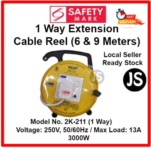 Image of 1 and 2 Way Extension Cable Reel (6 & 9 Meters) With Safety Mark