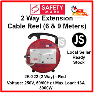 1 and 2 Way Extension Cable Reel (6 & 9 Meters) With Safety Mark