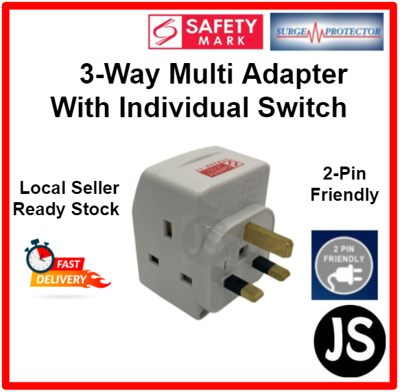 3 Way Multi-Adapter with Individual Switch (With Safety Mark)