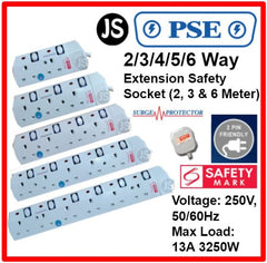 PSE 2/3/4/5/6 WAY Extension Safety Socket Plug (2, 3, 6 Meters) With Surge Protection, Safety Marks & 2 Pin Friendly