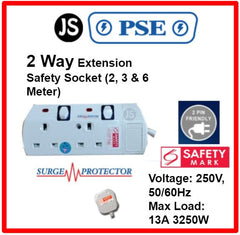 PSE 2/3/4/5/6 WAY Extension Safety Socket Plug (2, 3, 6 Meters) With Surge Protection, Safety Marks & 2 Pin Friendly