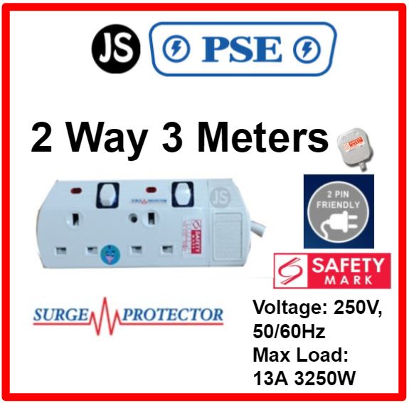 PSE 2/3/4/5/6 WAY Extension Safety Socket Plug (2, 3, 6 Meters) With Surge Protection, Safety Marks & 2 Pin Friendly