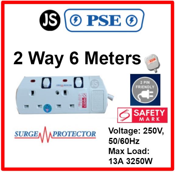 PSE 2/3/4/5/6 WAY Extension Safety Socket Plug (2, 3, 6 Meters) With Surge Protection, Safety Marks & 2 Pin Friendly