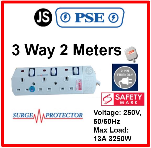 PSE 2/3/4/5/6 WAY Extension Safety Socket Plug (2, 3, 6 Meters) With Surge Protection, Safety Marks & 2 Pin Friendly