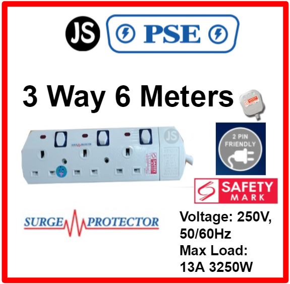 PSE 2/3/4/5/6 WAY Extension Safety Socket Plug (2, 3, 6 Meters) With Surge Protection, Safety Marks & 2 Pin Friendly