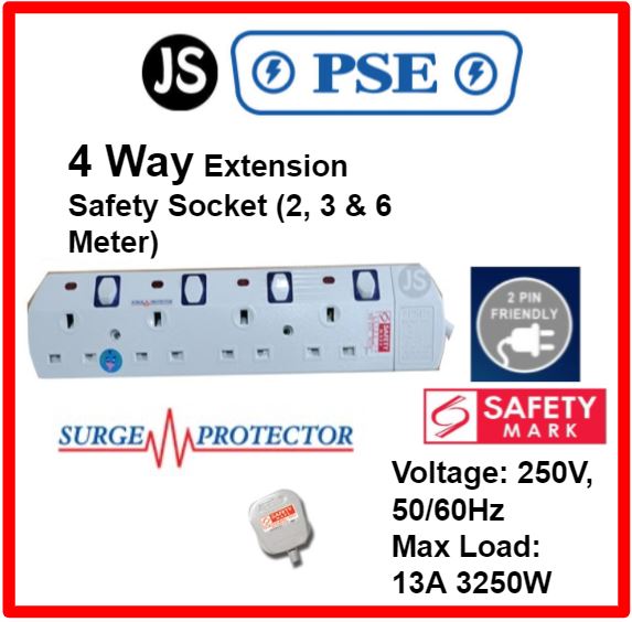 PSE 2/3/4/5/6 WAY Extension Safety Socket Plug (2, 3, 6 Meters) With Surge Protection, Safety Marks & 2 Pin Friendly