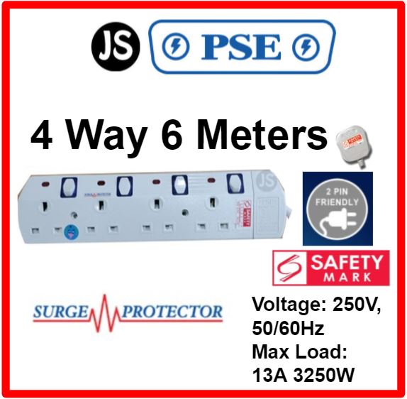 PSE 2/3/4/5/6 WAY Extension Safety Socket Plug (2, 3, 6 Meters) With Surge Protection, Safety Marks & 2 Pin Friendly