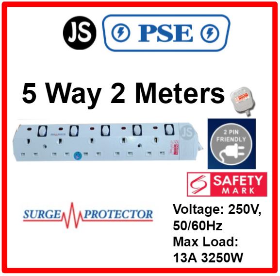 PSE 2/3/4/5/6 WAY Extension Safety Socket Plug (2, 3, 6 Meters) With Surge Protection, Safety Marks & 2 Pin Friendly