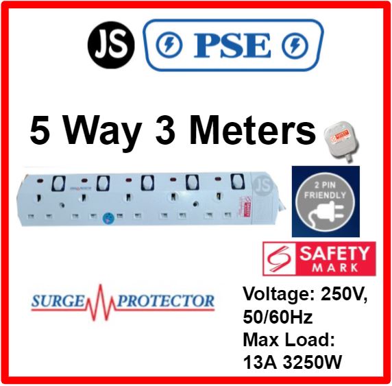 PSE 2/3/4/5/6 WAY Extension Safety Socket Plug (2, 3, 6 Meters) With Surge Protection, Safety Marks & 2 Pin Friendly