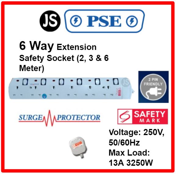 PSE 2/3/4/5/6 WAY Extension Safety Socket Plug (2, 3, 6 Meters) With Surge Protection, Safety Marks & 2 Pin Friendly