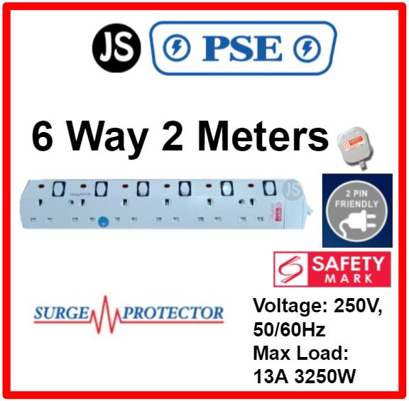 PSE 2/3/4/5/6 WAY Extension Safety Socket Plug (2, 3, 6 Meters) With Surge Protection, Safety Marks & 2 Pin Friendly