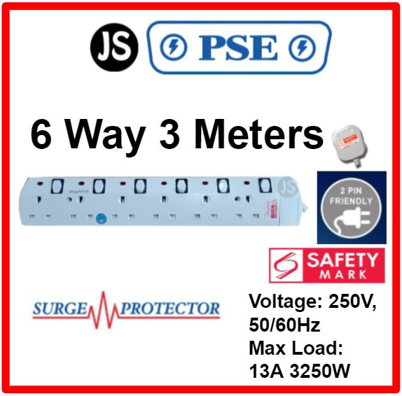 PSE 2/3/4/5/6 WAY Extension Safety Socket Plug (2, 3, 6 Meters) With Surge Protection, Safety Marks & 2 Pin Friendly