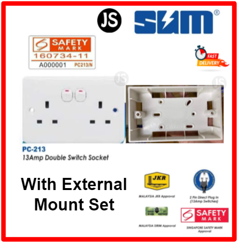 SUM 3-Pin 13A Single/Double Switch Wall Socket Outlet With/Without Mount Set (Small Button Series)