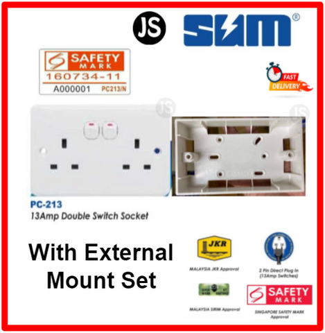 Image of SUM 3-Pin 13A Single/Double Switch Wall Socket Outlet With/Without Mount Set (Small Button Series)